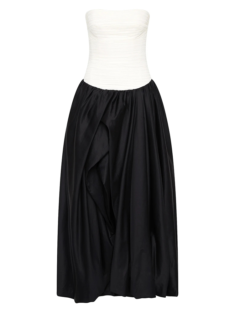 TWOTWINSTYLE Hit Color Slimming Dresses For Women Slash Neck Sleeveless High Waist Temperament Split Dress Female Fashion New