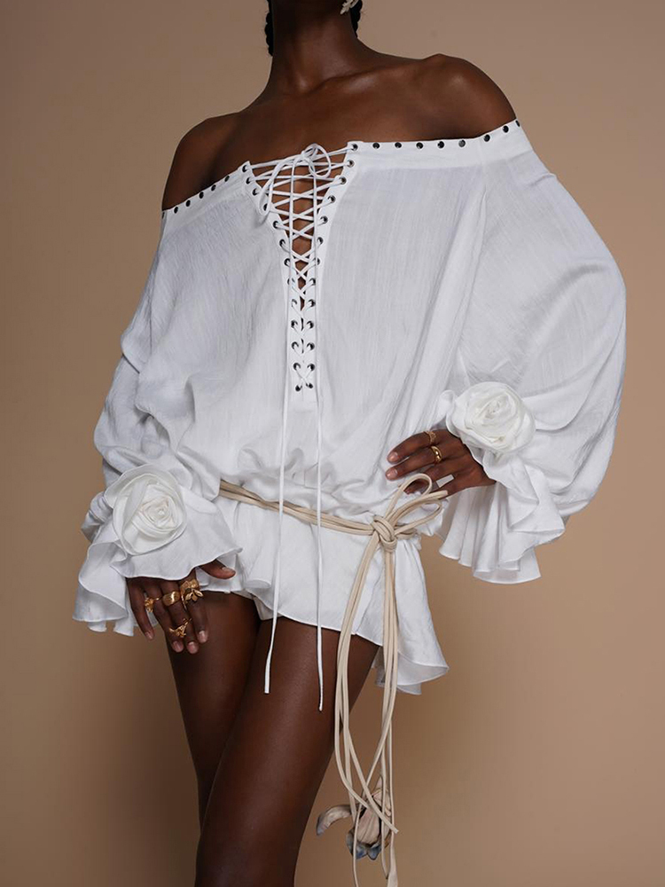 TWOTWINSTYLE Patchwork Lace Up Off Shoulder Mini Dress