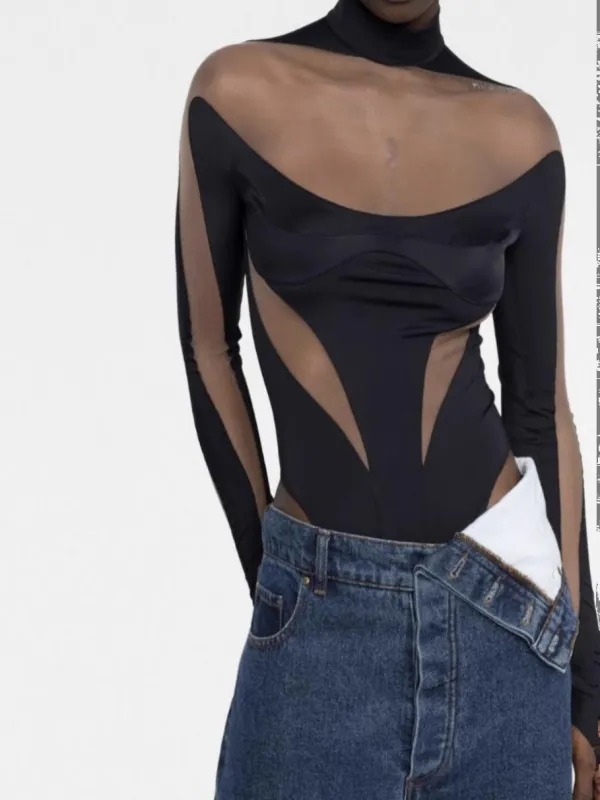 TWOTWINSTYLE Patchwork Mesh SLimming Colorblock Jumpsuits