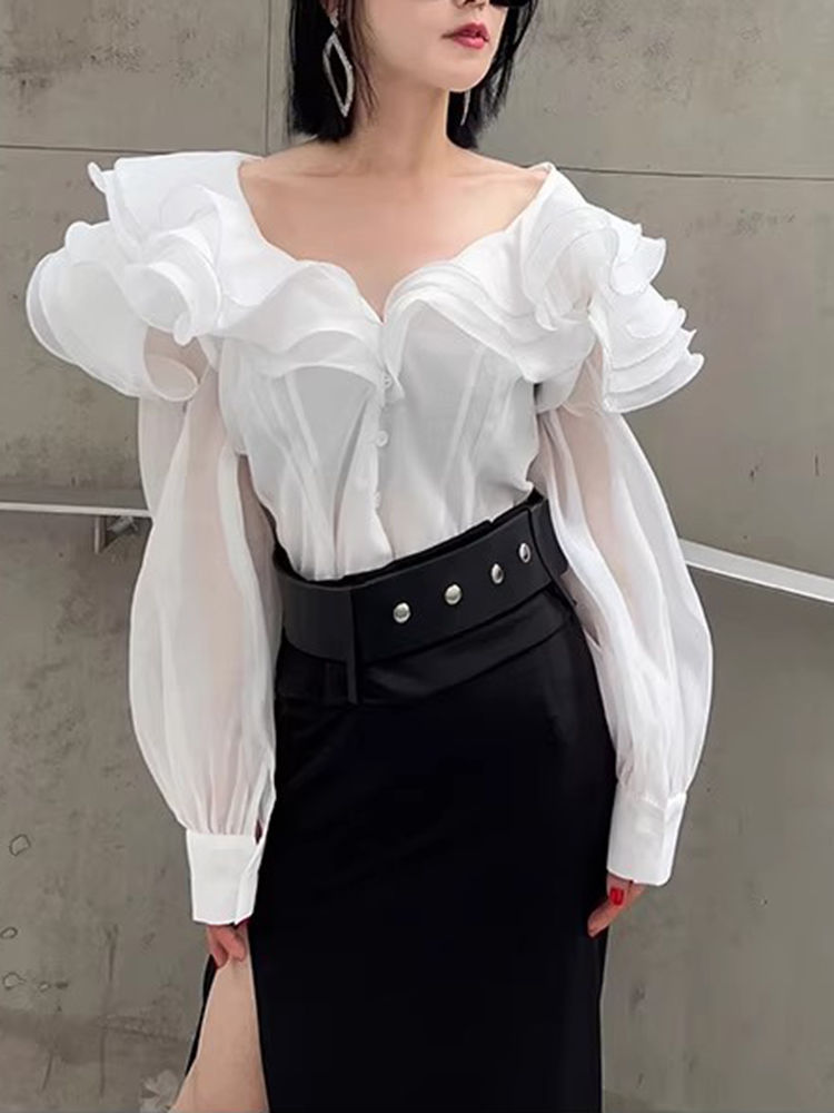 TWOTWINSTYLE Solid Patchwork Ruffles Shirts