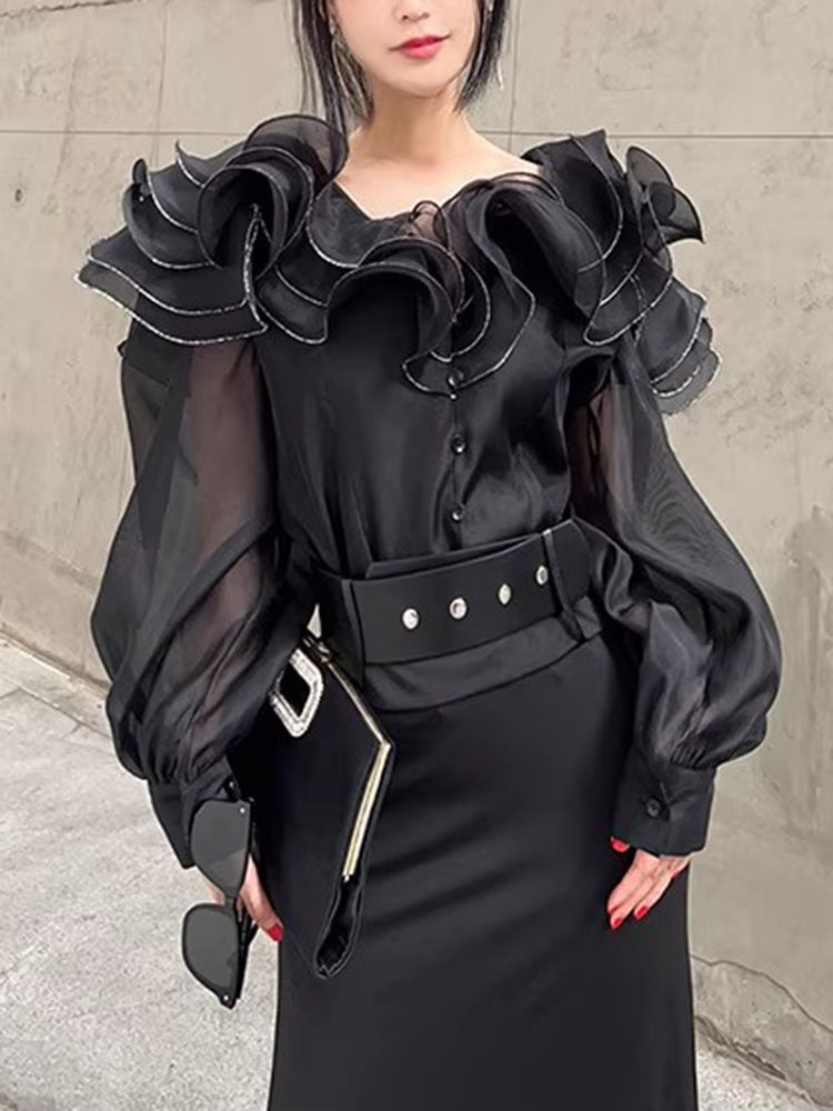 TWOTWINSTYLE Solid Patchwork Ruffles Shirts