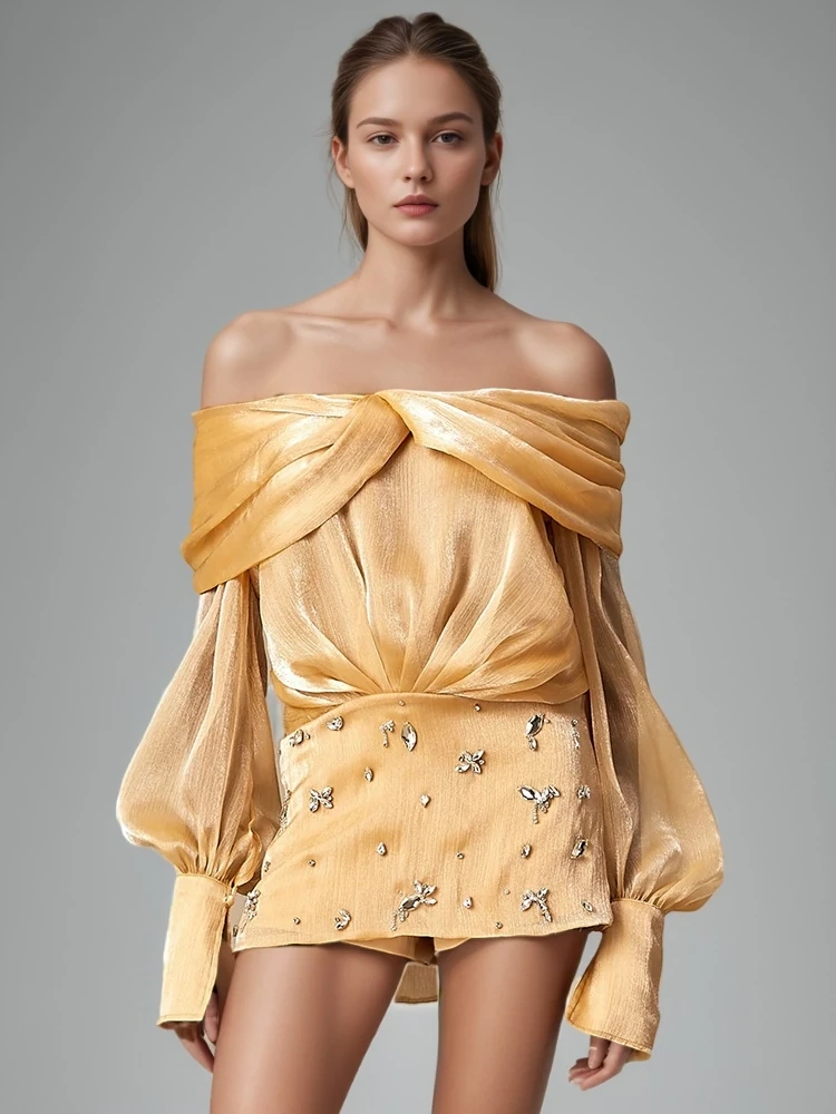 TWOTWINSTYLE Diamonds Bead Pleated Off Shoulder Bubble Sleeve Mini Dress
