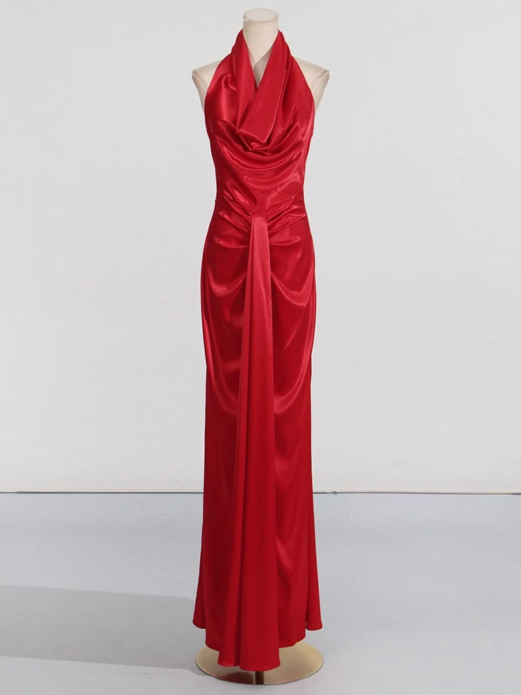 TWOTWINSTYLE Hanging Neck Backless Maxi Red Dress