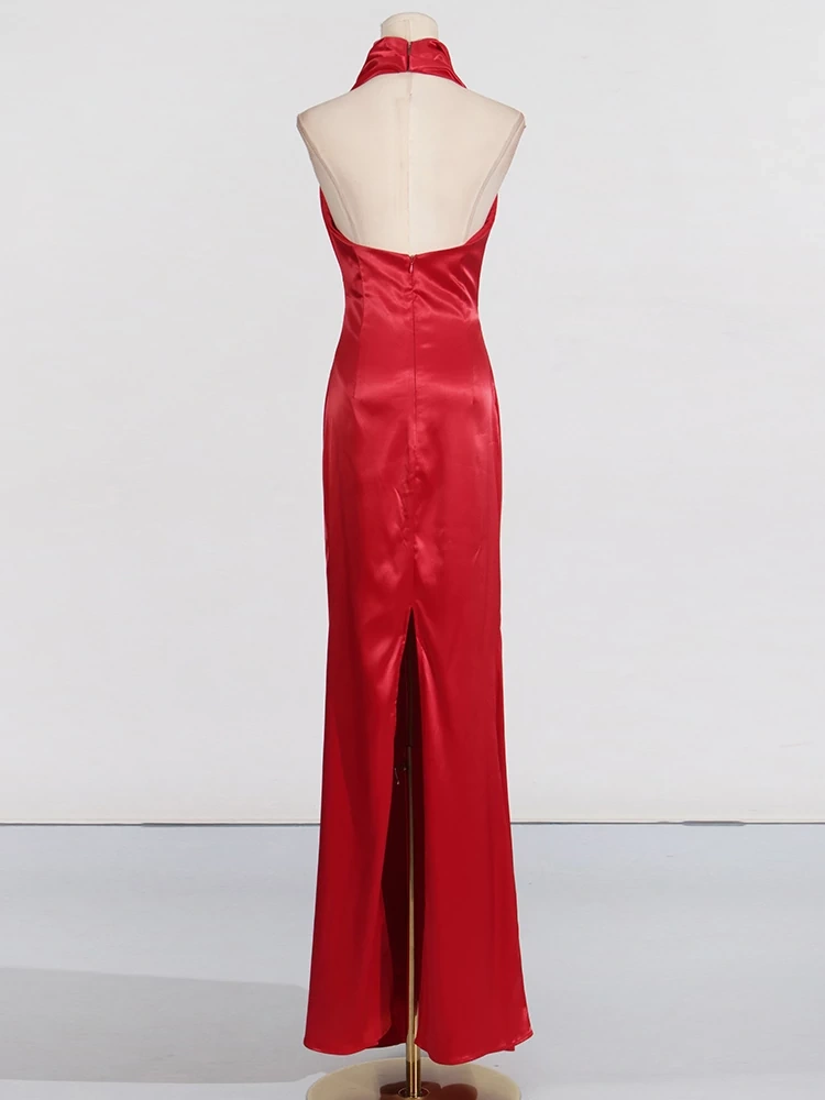 TWOTWINSTYLE Hanging Neck Backless Maxi Red Dress