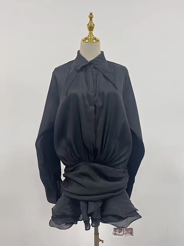 TWOTWINSTYLE Ruffled Shirt Pleated Dress