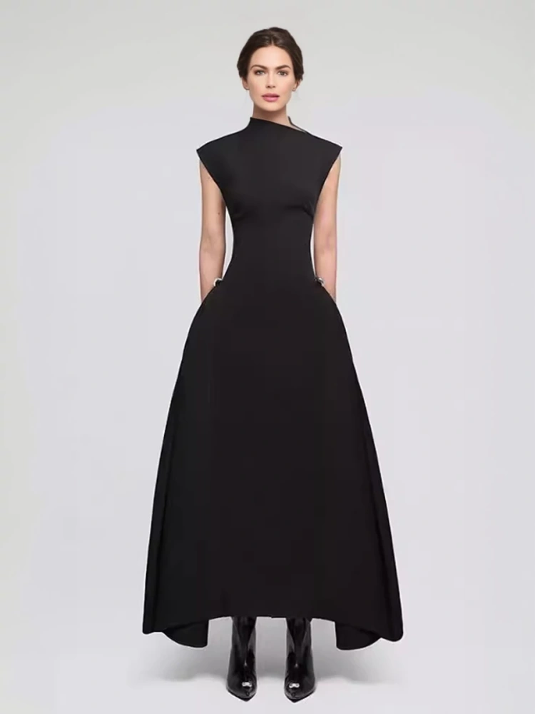 TWOTWINSTYLE Half High Neck Irregular Hem Sleeveless Maxi Dress
