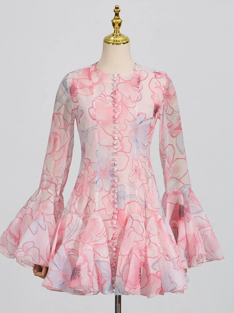 TWOTWINSTYLE Printed Horn Ruffle Sleeve Mini Dress