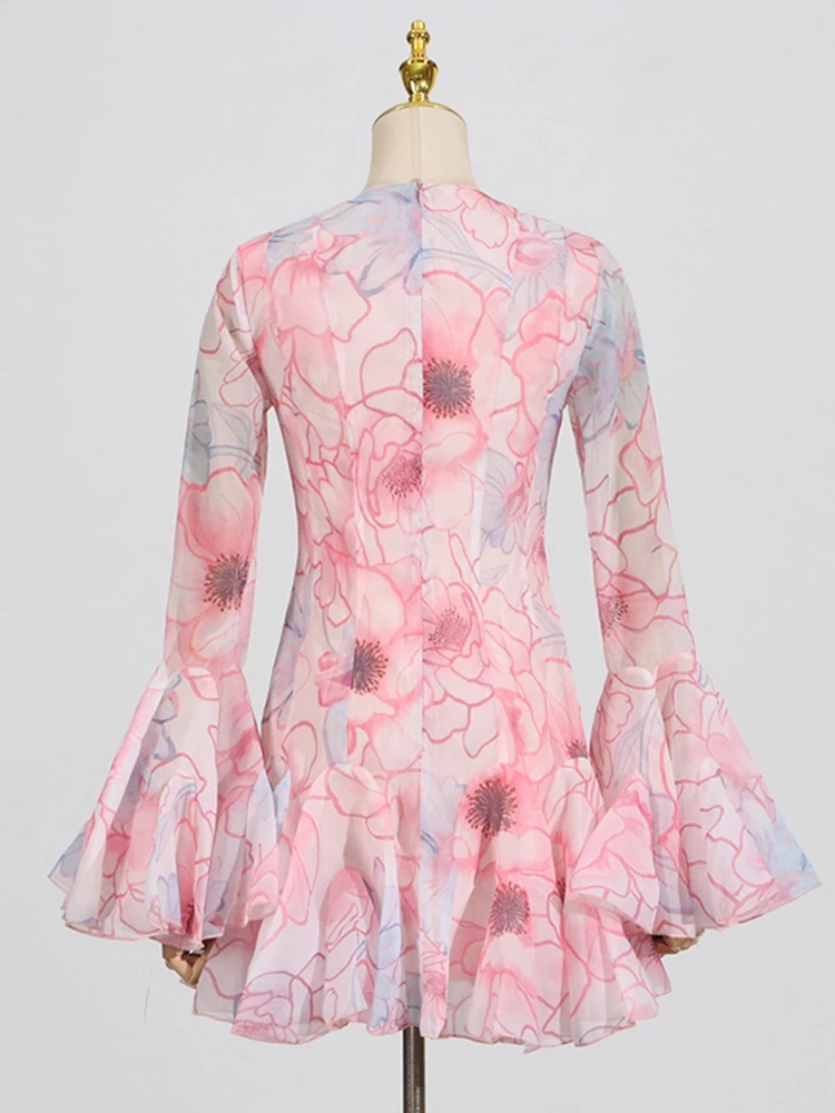 TWOTWINSTYLE Printed Horn Ruffle Sleeve Mini Dress
