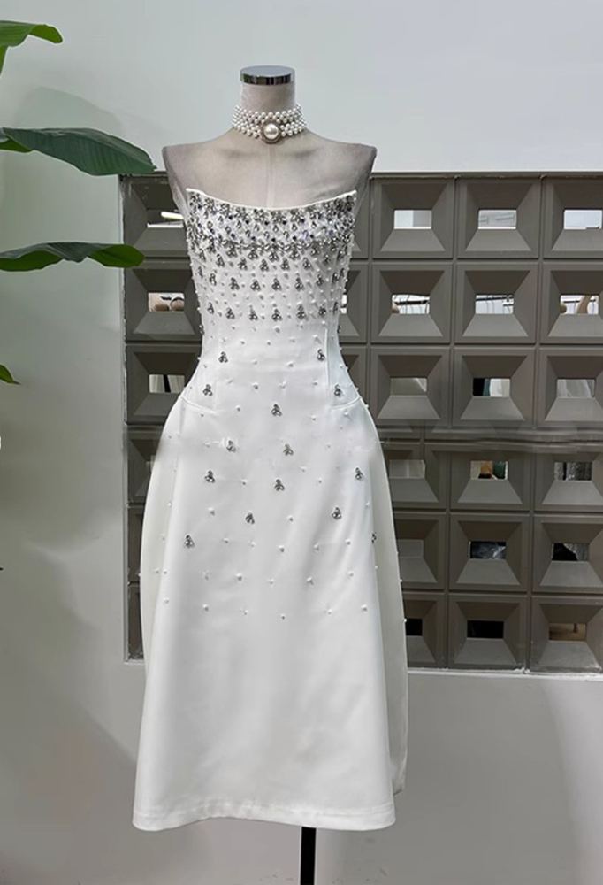 TWOTWINSTYLE Pearl Studded Diamonds Strapless Maxi Dress