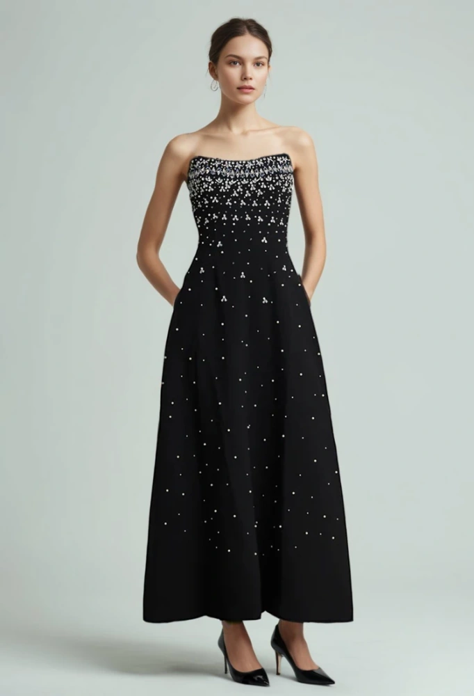 TWOTWINSTYLE Pearl Studded Diamonds Strapless Maxi Dress