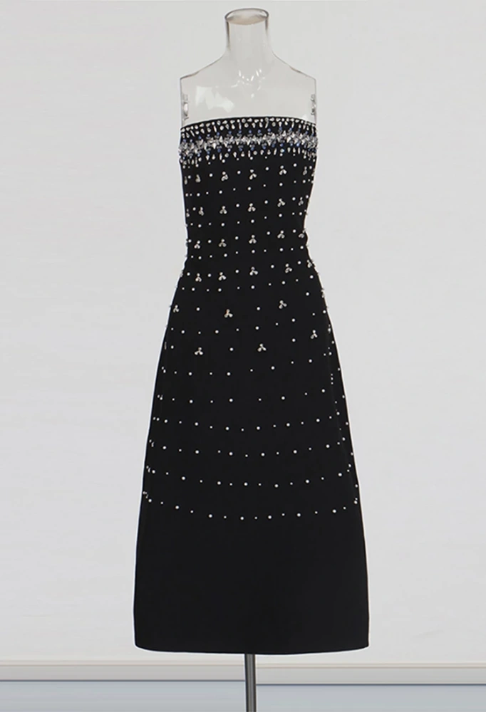 TWOTWINSTYLE Pearl Studded Diamonds Strapless Maxi Dress