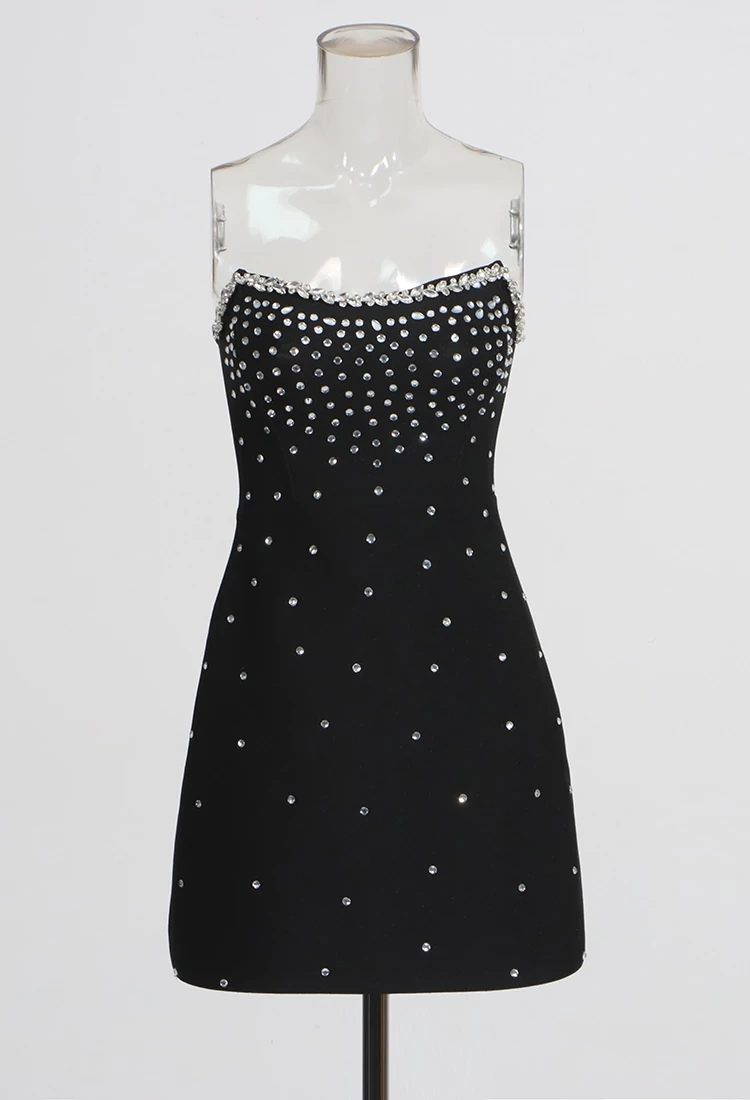 TWOTWINSTYLE One Shoulder Diamonds Studded Strapless Mini Dress