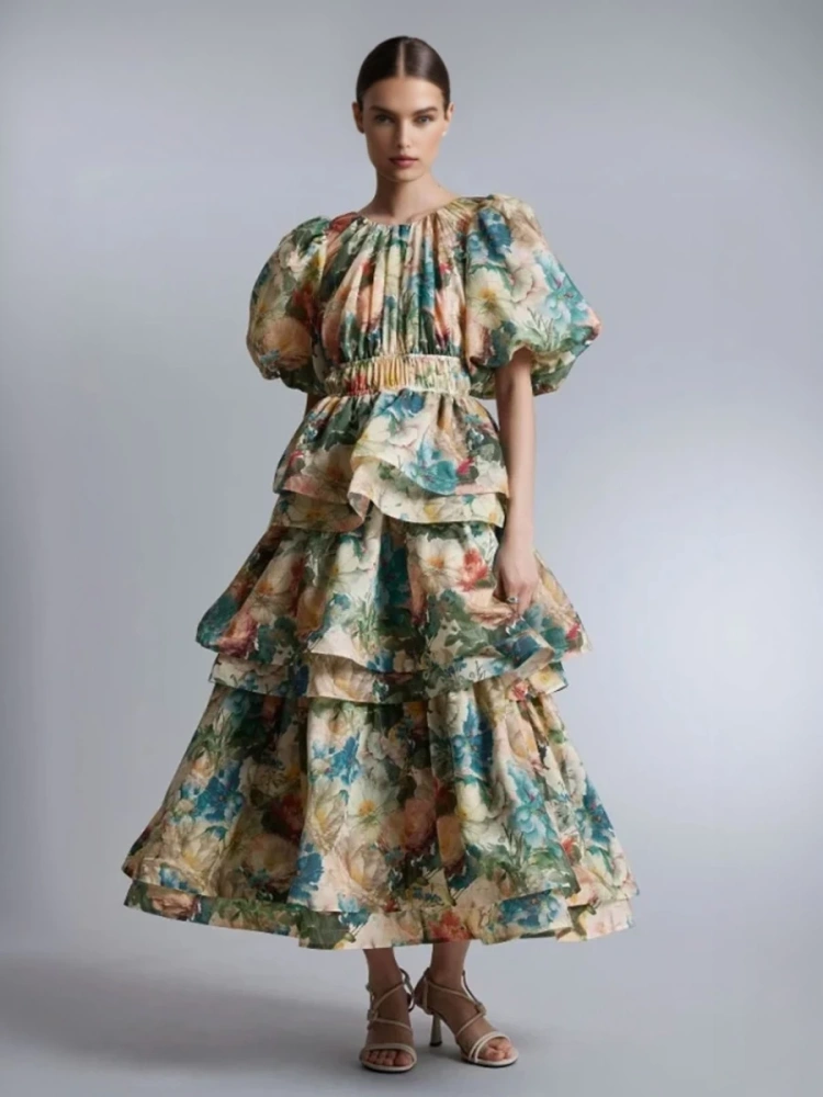 TWOTWINSTYLE Lotus Leaf Edge Bubble Sleeve Printed Dress