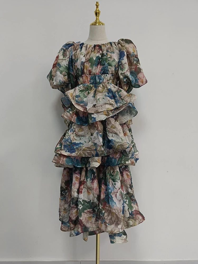 TWOTWINSTYLE Lotus Leaf Edge Bubble Sleeve Printed Dress