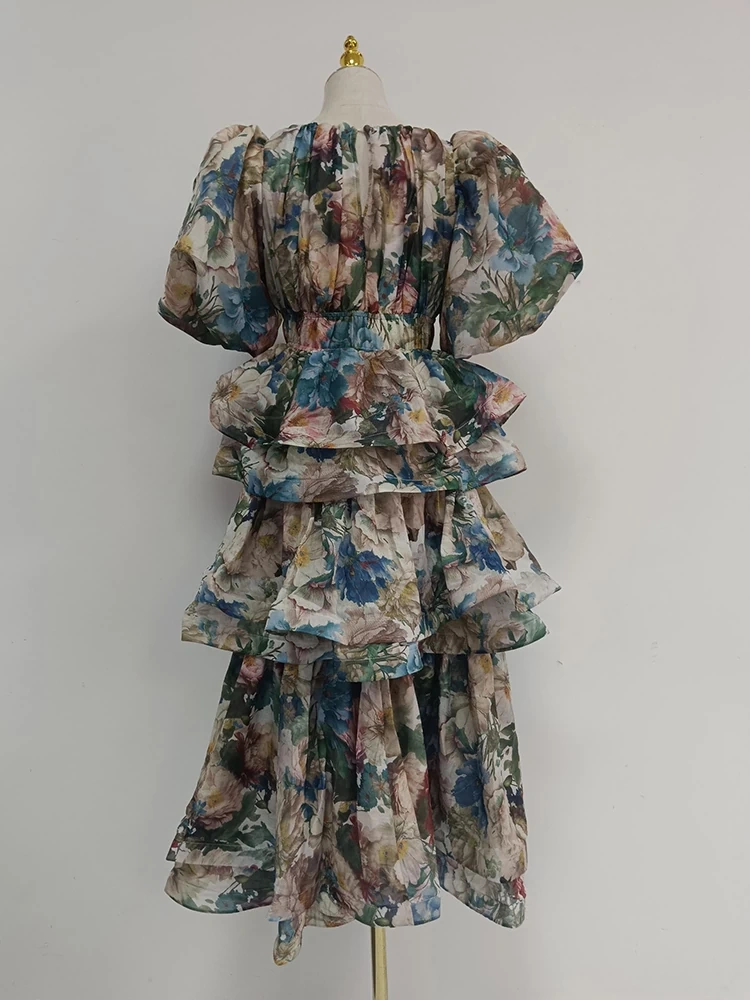 TWOTWINSTYLE Lotus Leaf Edge Bubble Sleeve Printed Dress