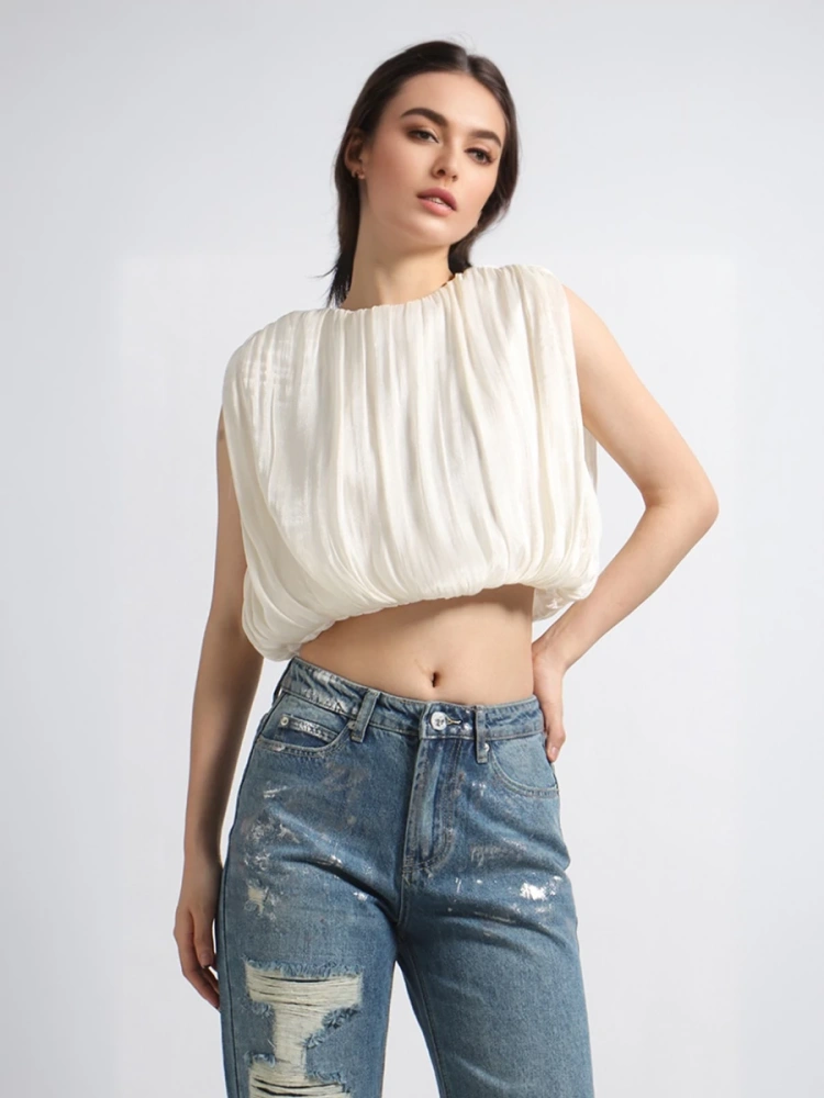 TWOTWINSTYLE Sleeveless Chiffon Pullover Short Blouse