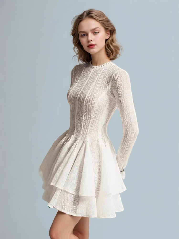 TWOTWINSTYLE Round Neck Long Sleeve Fluffy Dress