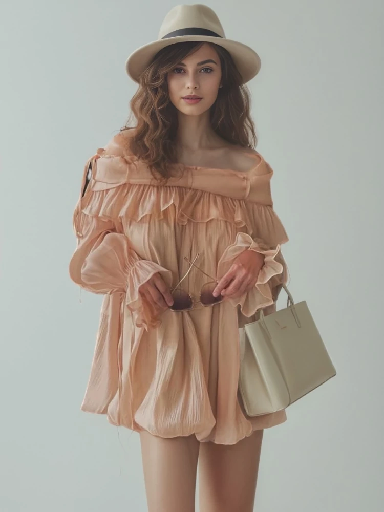 TWOTWINSTYLE Lotus Leaf  Edge Shoulder Flared Sleeve Shirt Blouse