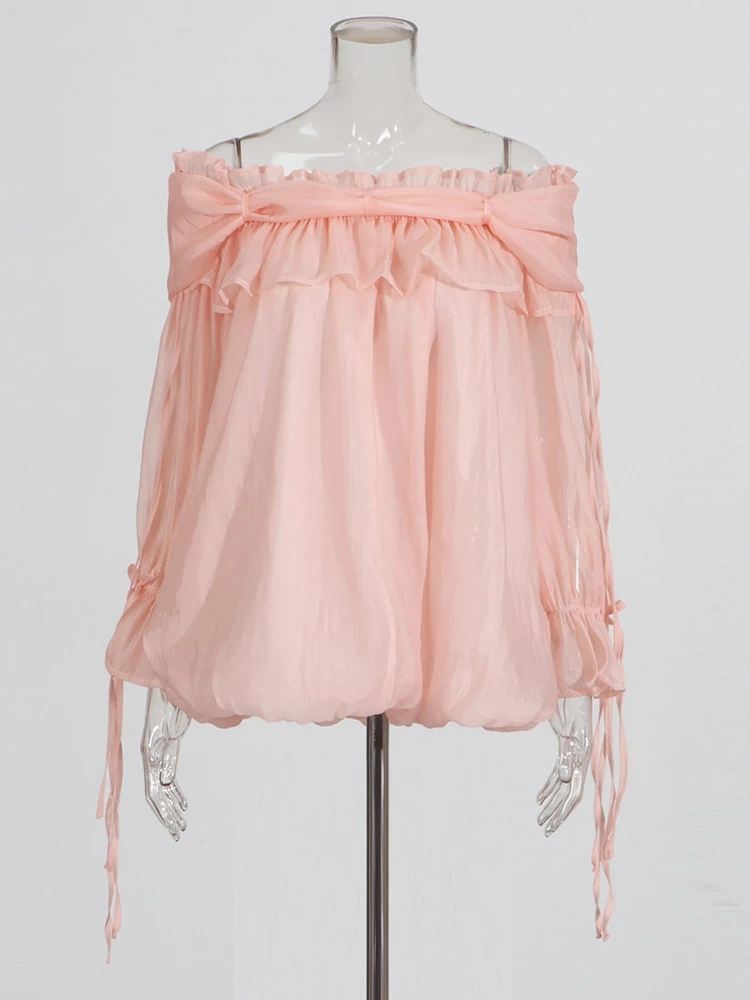 TWOTWINSTYLE Lotus Leaf  Edge Shoulder Flared Sleeve Shirt Blouse
