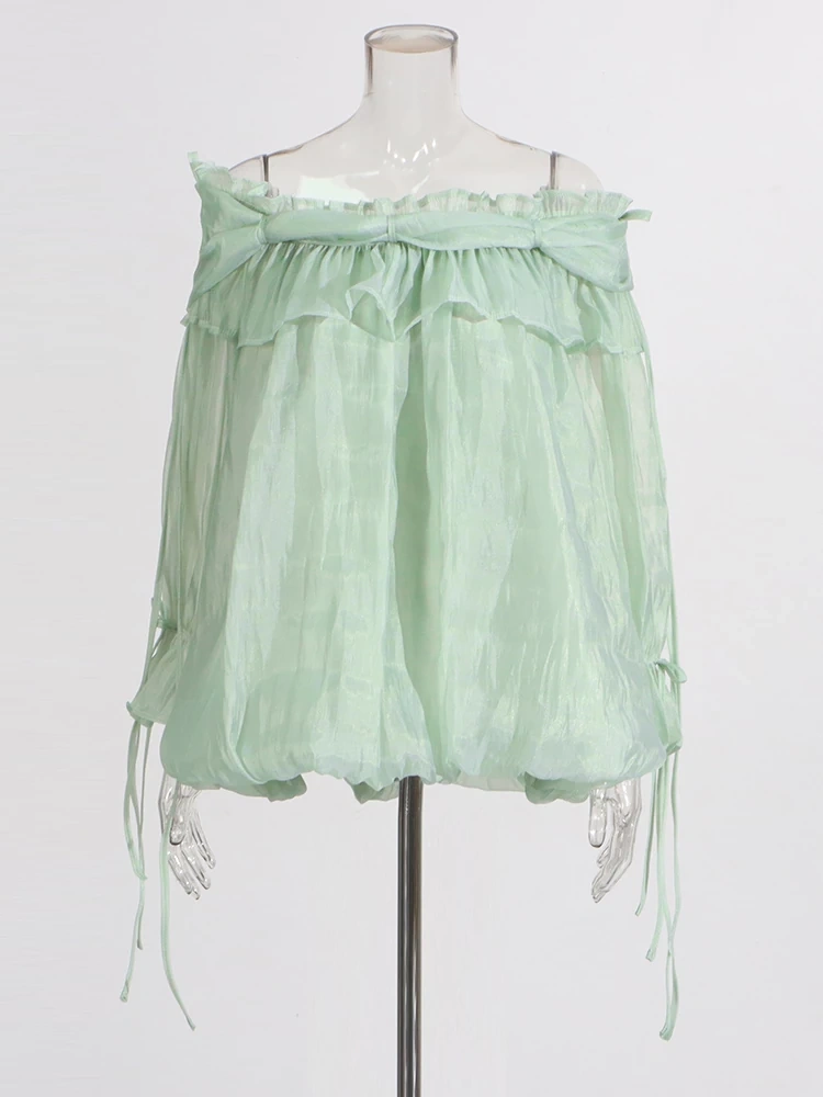 TWOTWINSTYLE Lotus Leaf  Edge Shoulder Flared Sleeve Shirt Blouse