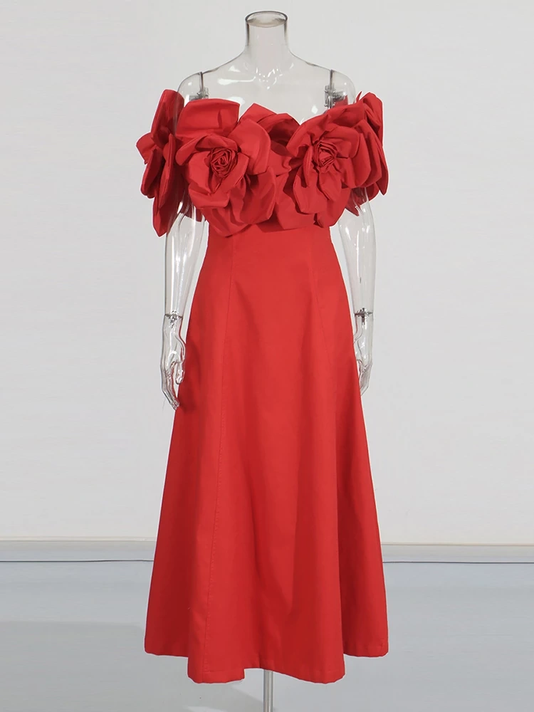 TWOTWINSTYLE Three Dimensional Flower One Shouolder Maxi Dress