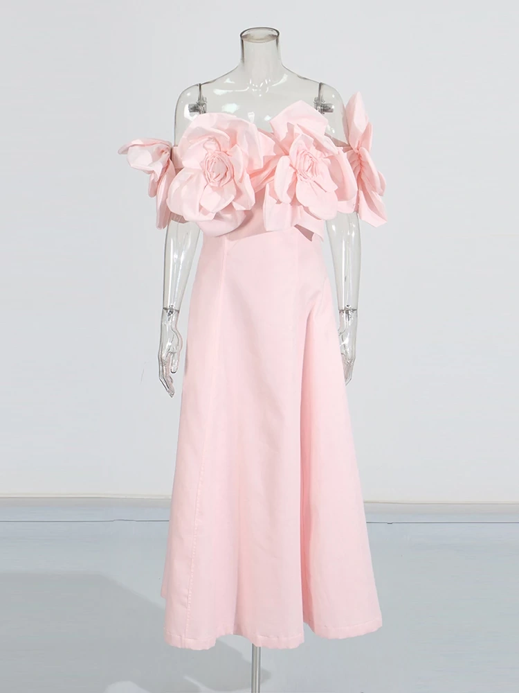 TWOTWINSTYLE Three Dimensional Flower One Shouolder Maxi Dress