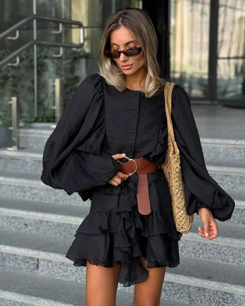 TWOTWINSTYLE Versatile Patchwork Ruffle Edge Mini Dress