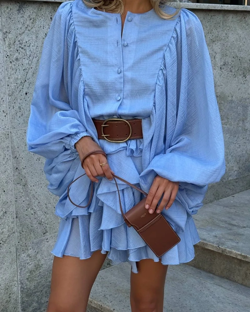 TWOTWINSTYLE Versatile Patchwork Ruffle Edge Mini Dress