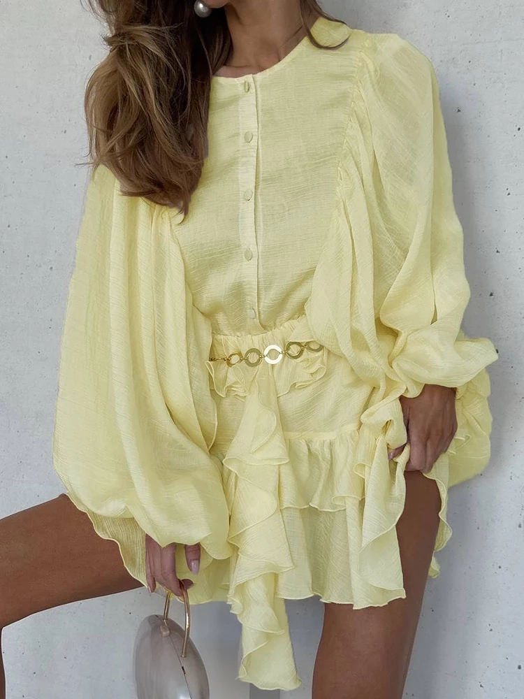 TWOTWINSTYLE Versatile Patchwork Ruffle Edge Mini Dress