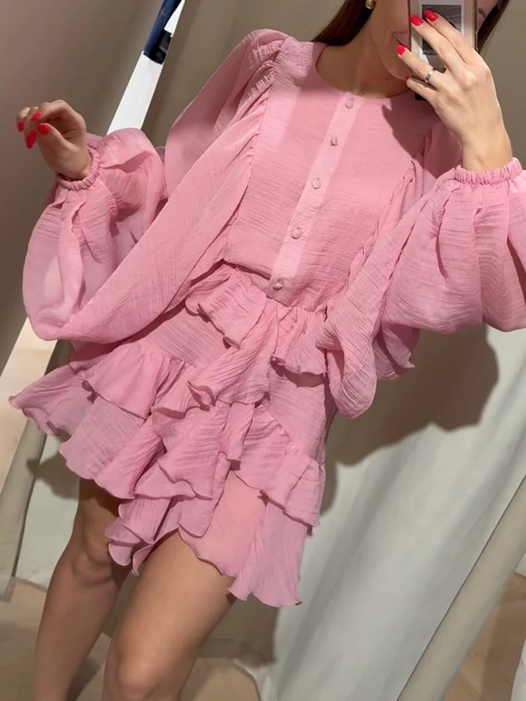 TWOTWINSTYLE Versatile Patchwork Ruffle Edge Mini Dress