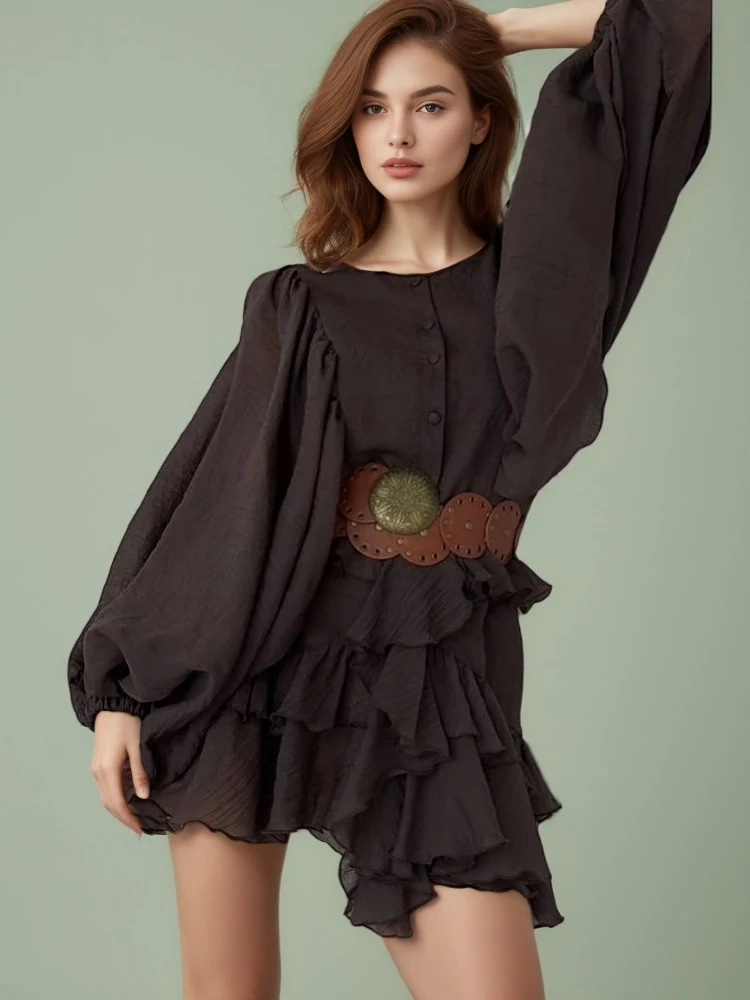 TWOTWINSTYLE Versatile Patchwork Ruffle Edge Mini Dress