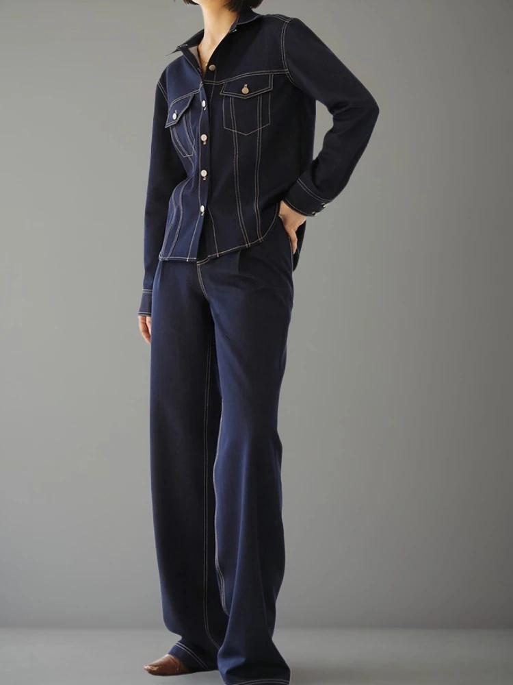 Teotwin Style TWOTWINSTYLE Deep Blue Denim Retro Shirt Two Piece Set