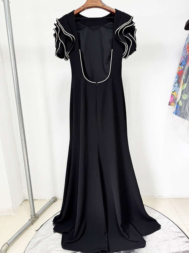 TWOTWINSTYLE Diamonds Lotus Leaf Sleeve Backless Maxi Dress