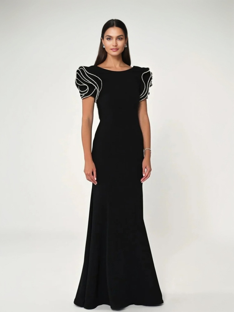 TWOTWINSTYLE Diamonds Lotus Leaf Sleeve Backless Maxi Dress