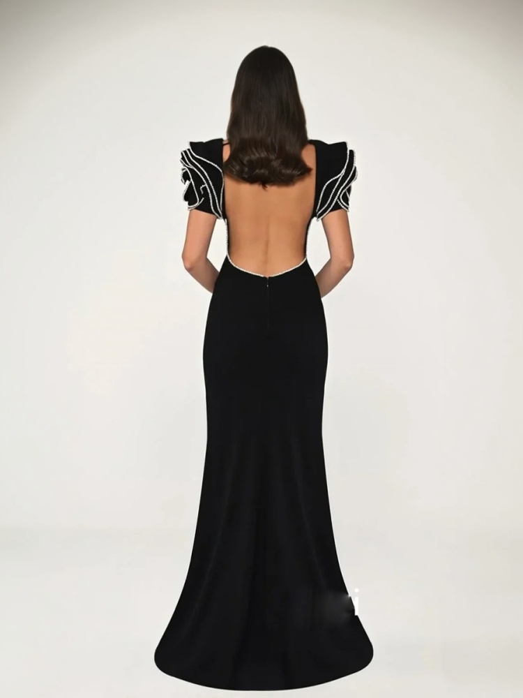 TWOTWINSTYLE Diamonds Lotus Leaf Sleeve Backless Maxi Dress
