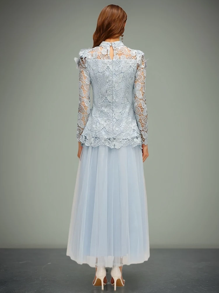 TWOTWINSTYLE Embroidered Hollow Flower Pleated Two Piece Set