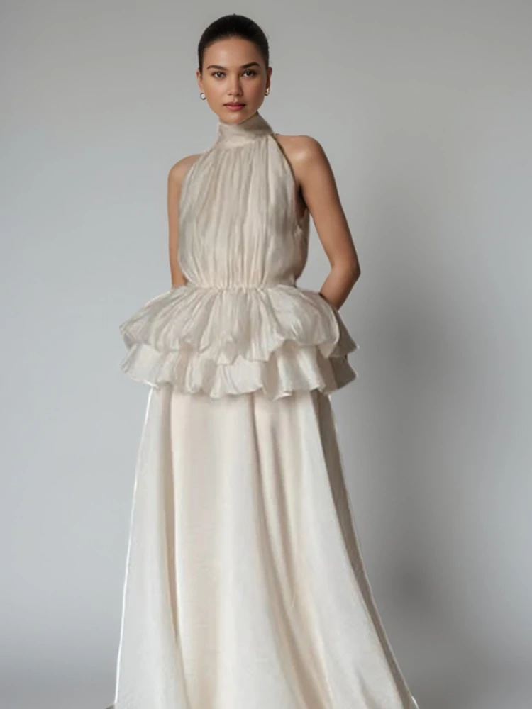 TWOTWINSTYLE  Hanging Neck Sleeveless Ruffle High Waist Maxi Dress