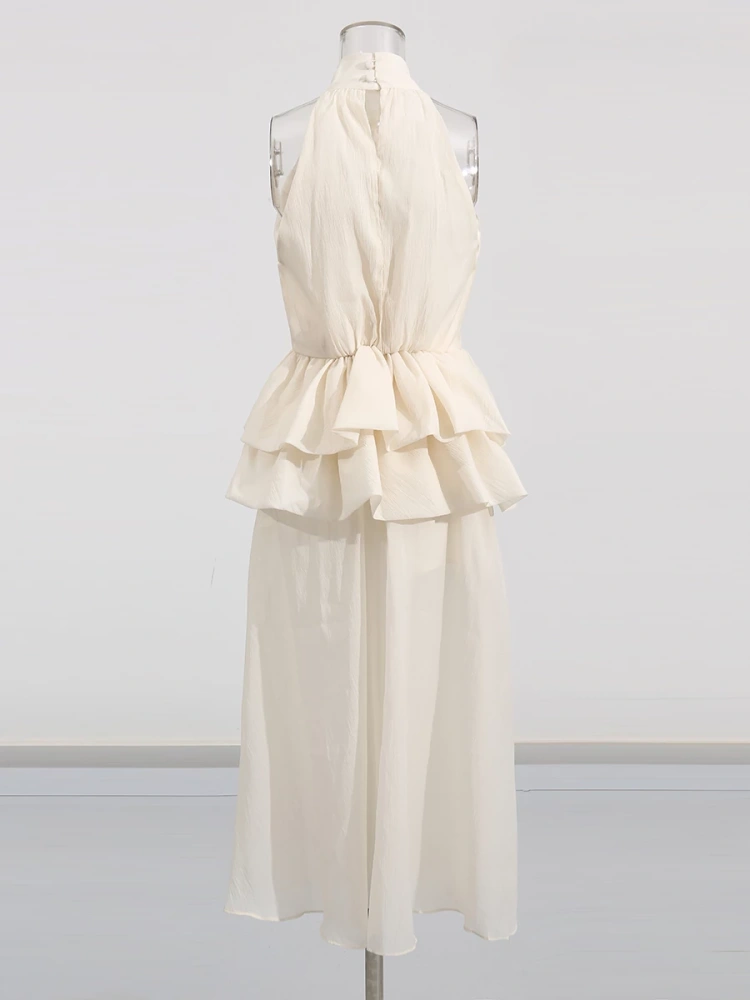 TWOTWINSTYLE  Hanging Neck Sleeveless Ruffle High Waist Maxi Dress