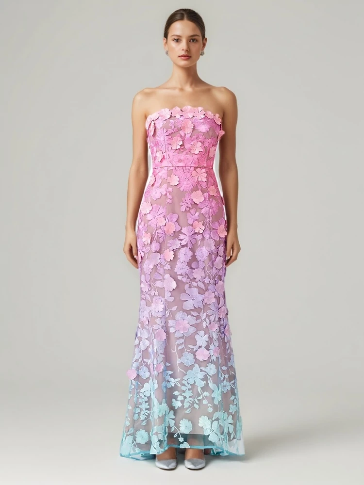 TWOTWINSTYLE Embroidered Flower Strapless Dress