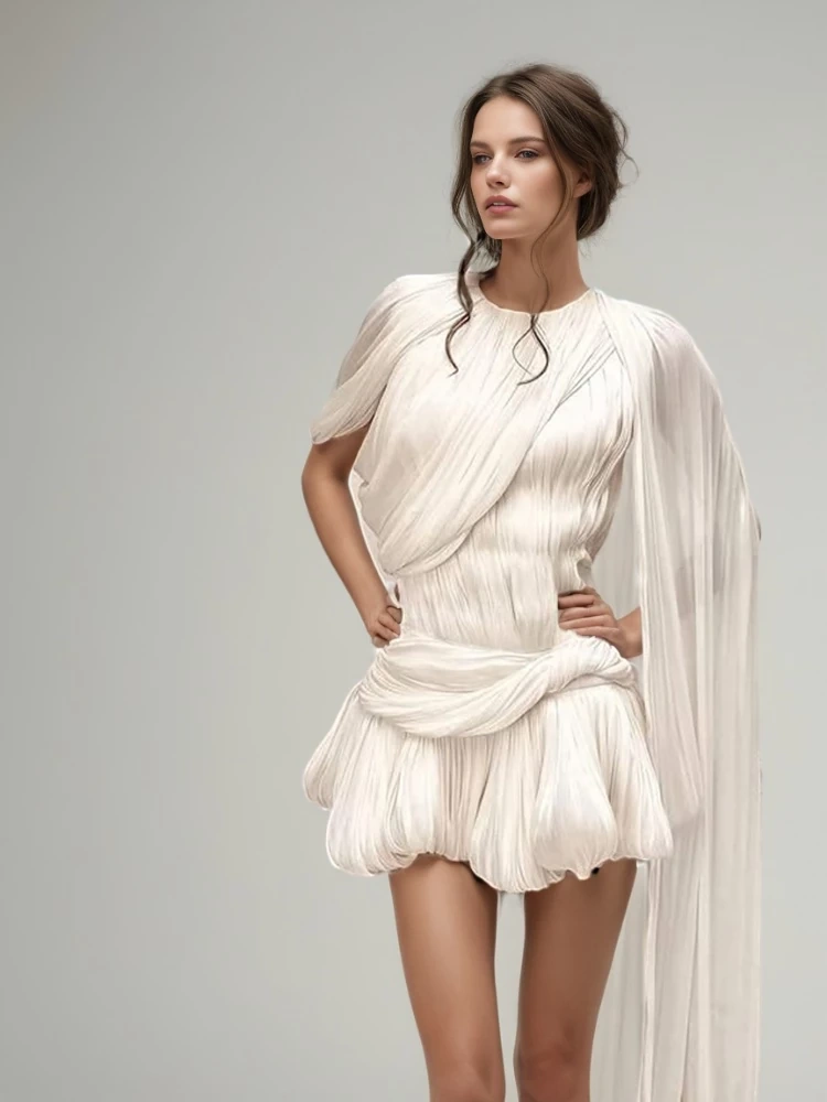 TWOTWINSTYLE Ripple Pleated Ribbon Mini Dress