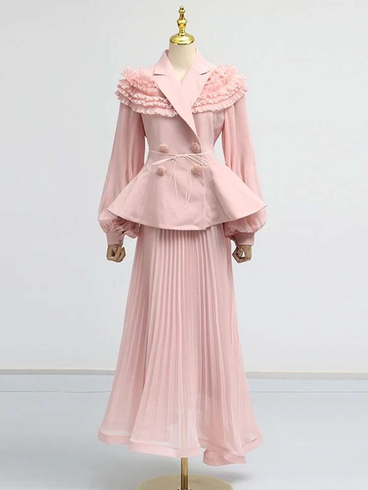 TWOTWINSTYLE Lotus Leaf Latern Sleeve Pleated Two Piece Set