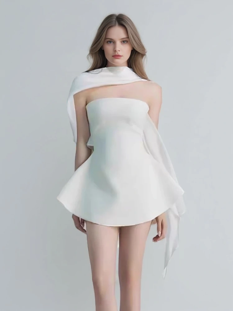 TWOTWINSTYLE Hanging Neck RIbbon Lotus Leaf Strapless Mini Dress