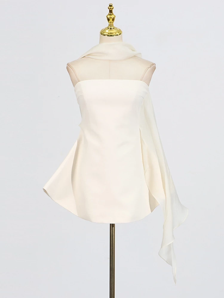 TWOTWINSTYLE Hanging Neck RIbbon Lotus Leaf Strapless Mini Dress