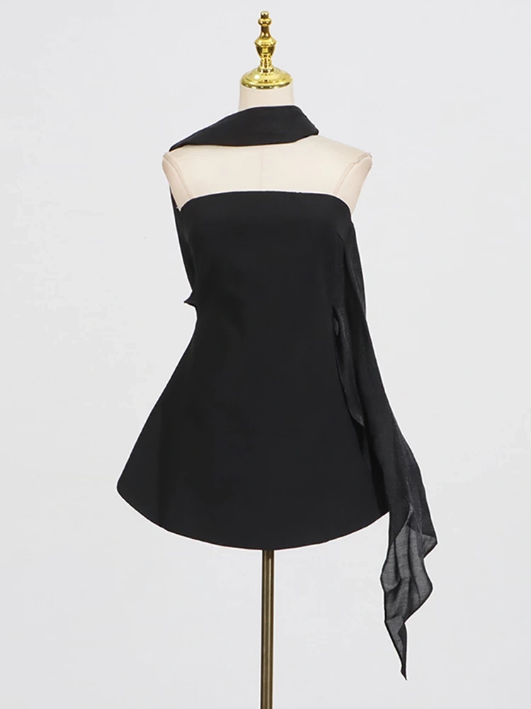 TWOTWINSTYLE Hanging Neck RIbbon Lotus Leaf Strapless Mini Dress