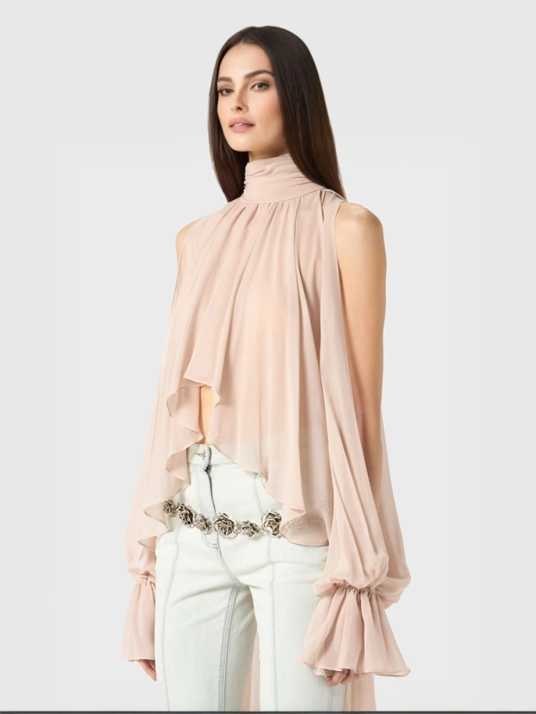 TWOTWINSTYLE Chiffon High Neck RIbbon Bat Sleeve Irregular Blouse