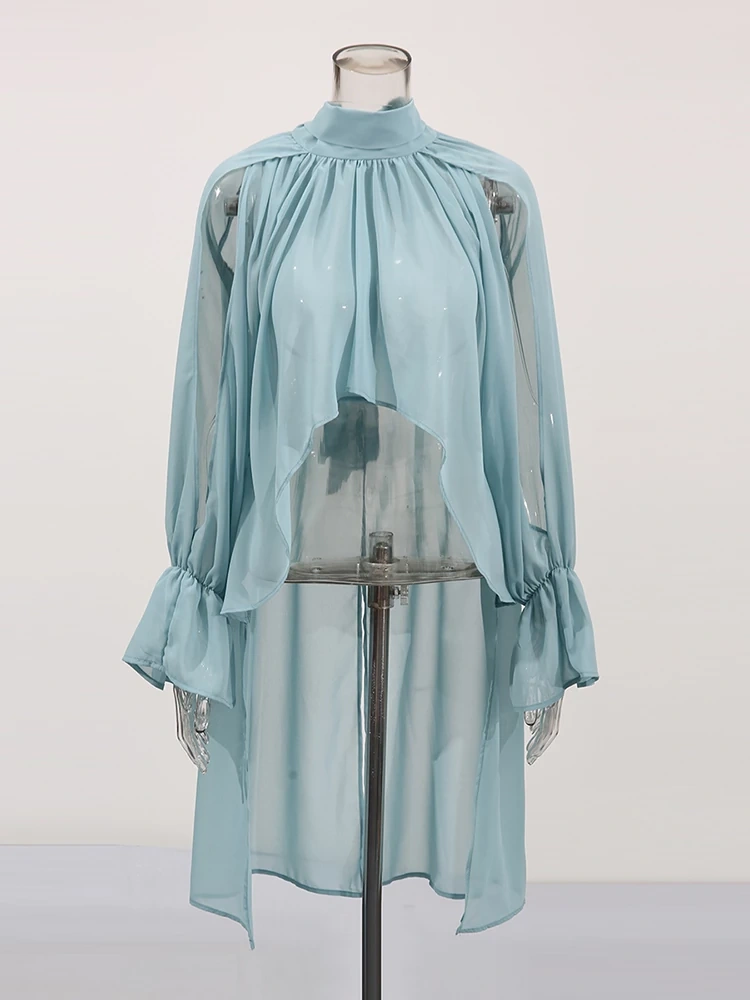 TWOTWINSTYLE Chiffon High Neck RIbbon Bat Sleeve Irregular Blouse