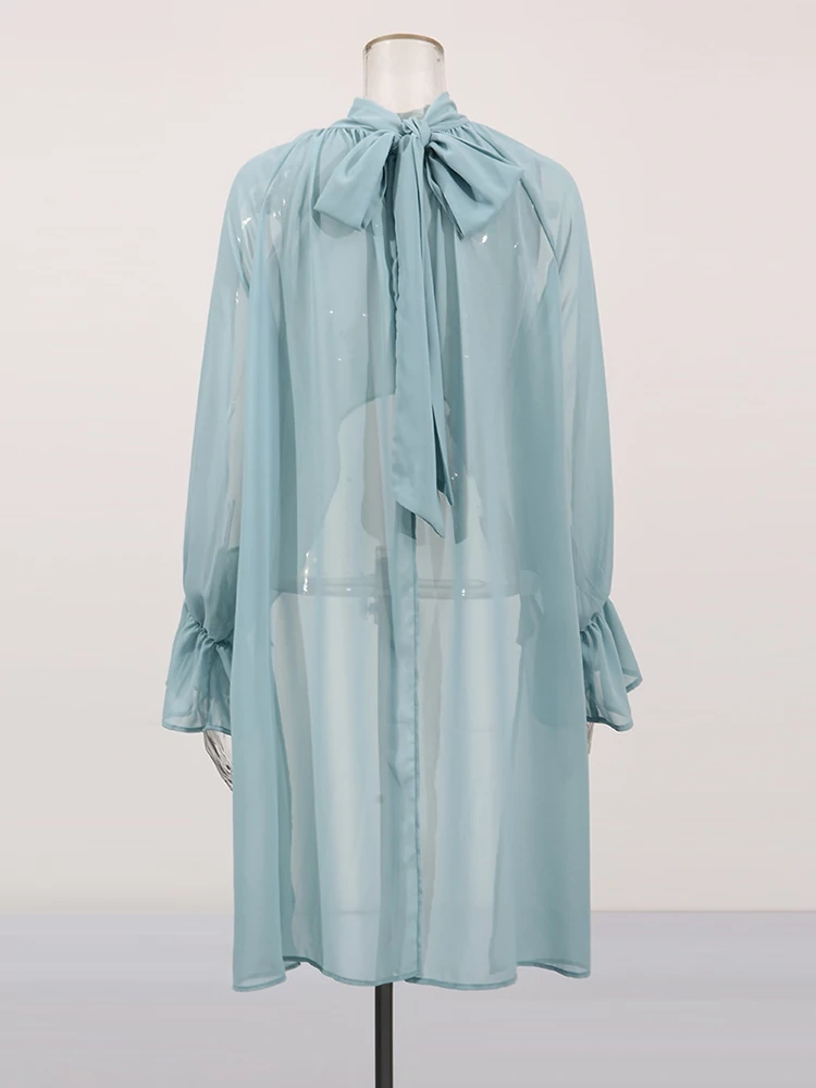 TWOTWINSTYLE Chiffon High Neck RIbbon Bat Sleeve Irregular Blouse
