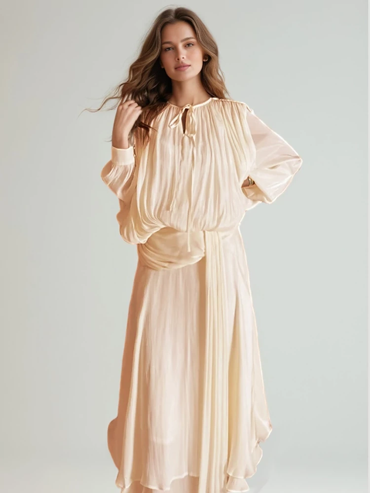 TWOTWINSTYLE Long Sleeve Lace Up Ribon Maxi Dress