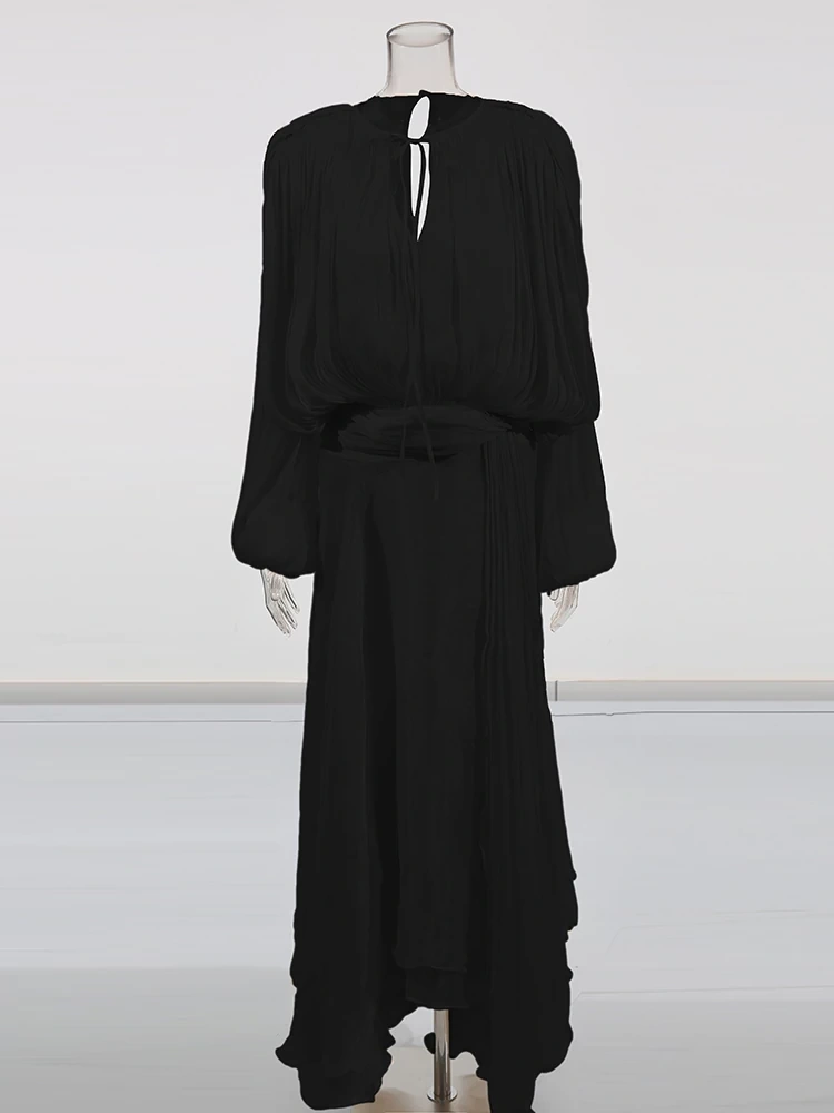 TWOTWINSTYLE Long Sleeve Lace Up Ribon Maxi Dress