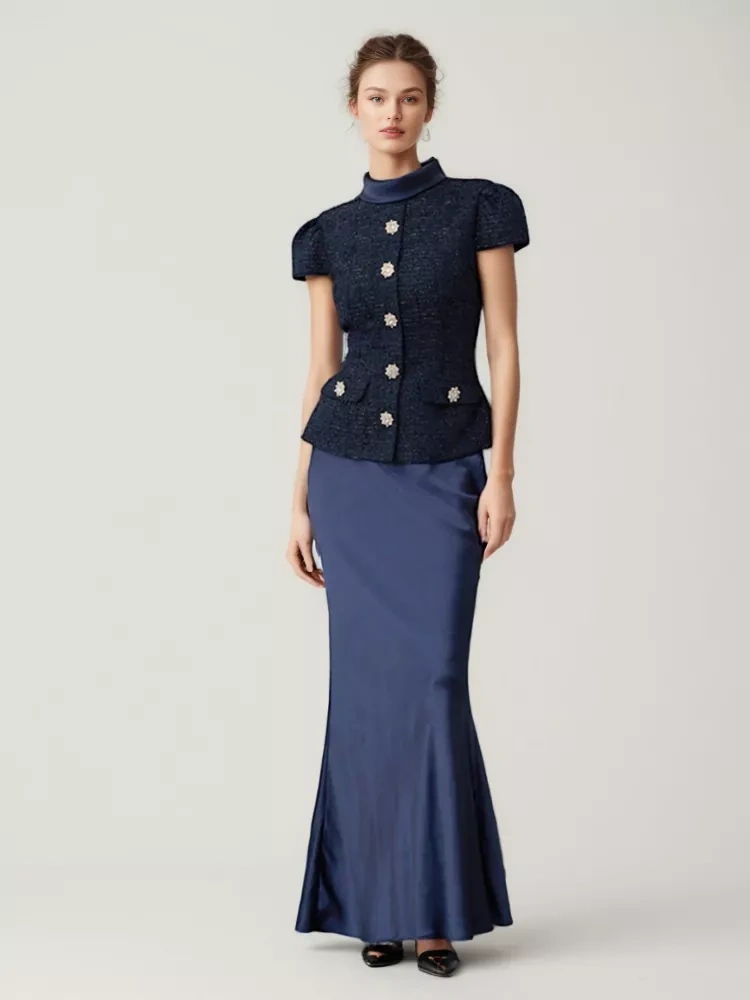 Teotwin Style TWOTWINSTYLE Navy Blue Tweed Stain Two Piece Set
